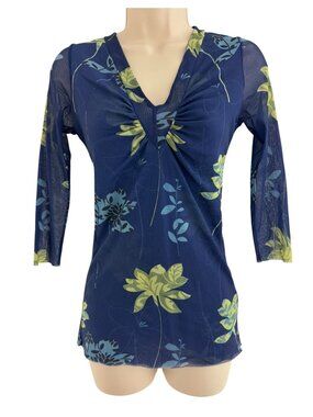 Sweet Pea By Stacy Frati Size M Blue Floral Mesh Nylon V-Neck Top Shirt Blouse